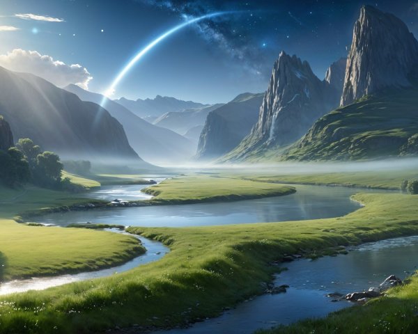 Serene Landscape with Winding River and Mountains