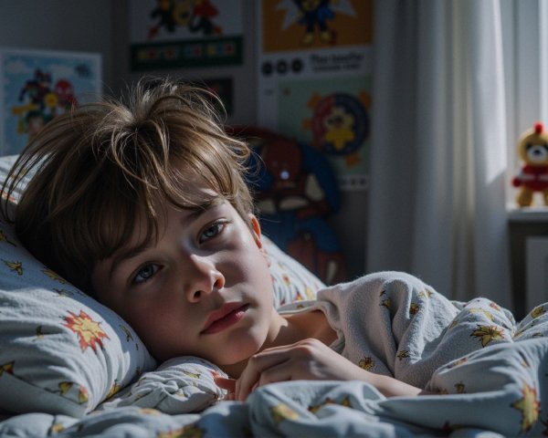 Child in Cozy Bedroom with Soft Lighting and Toys