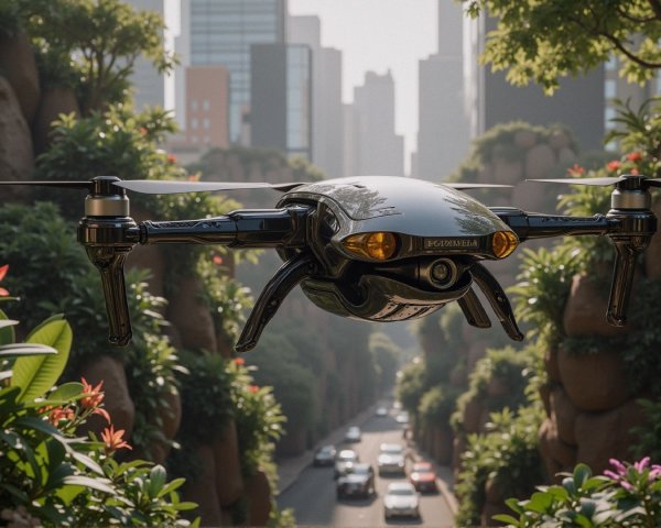 Futuristic Black Drone in Urban and Greenery Setting