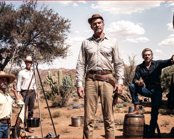 Group of Five in Desert Landscape with Western Elements