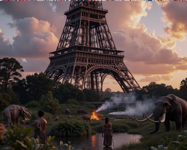 Eiffel Tower Landscape with Elephants and Sunset Sky