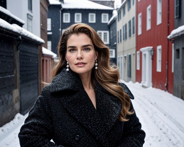 Woman in Stylish Black Coat in Snowy Alley