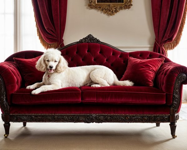 Luxurious Living Room with Velvet Couch and Dog