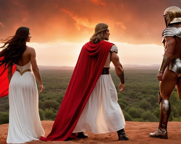 Three Heroic Figures at Sunset on Rocky Outcrop