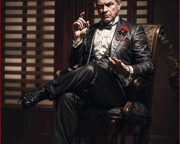 Suave Man in Tuxedo with Rose in Elegant Setting