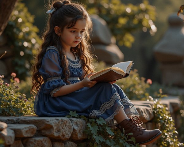 Young girl reading on stone ledge in serene garden