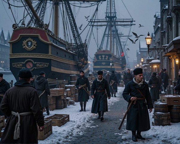 Snow-Covered Quay in Historic Port Town with Ships