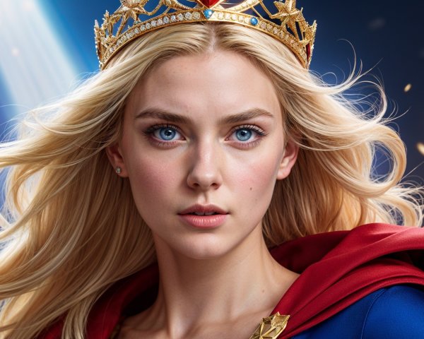 Regal superhero figure in vibrant outfit and crown