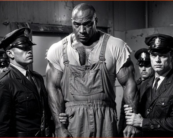 Black-and-white scene of a man with police officers