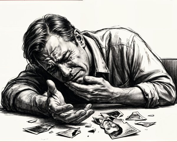 Distressed Man Reflects on Loss with Shattered Photos