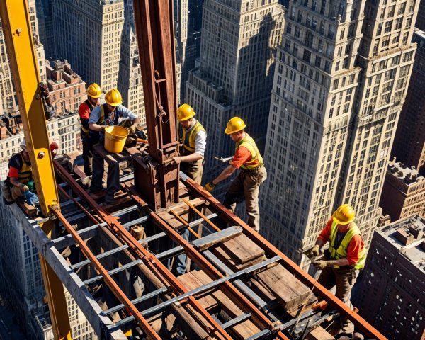 Construction Workers Assembling Steel Framework Above City