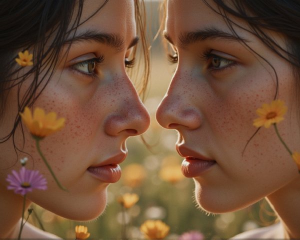 Young Women with Freckles in Flower Field Close-Up