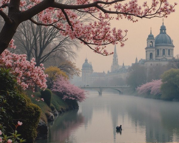 Tranquil River with Cherry Blossoms and Historical Buildings