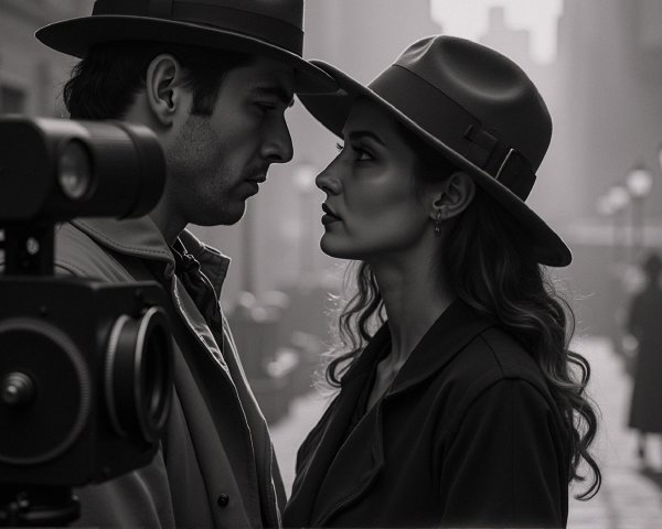 Classic Film Noir Scene with Intense Gaze and Hats