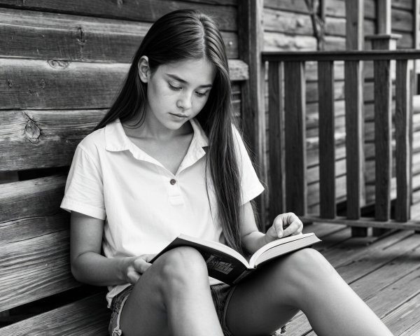 Young Reader on Wooden Porch in Black and White