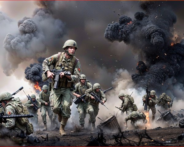 Soldiers in Tactical Gear Navigate Chaotic Battlefield