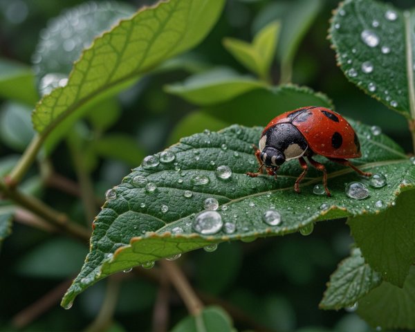 Vibrant Red Ladybug on Green Leaf with Water Droplets