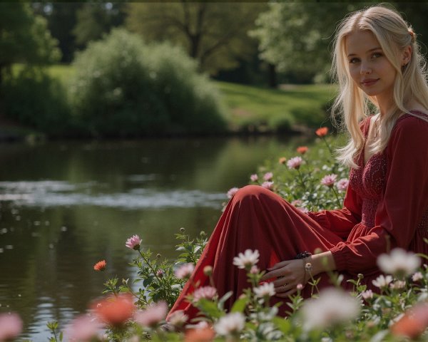 Young Woman in Red Dress by Serene Pond with Flowers
