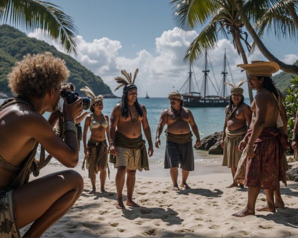 Men in Traditional Attire on a Beach with Ship