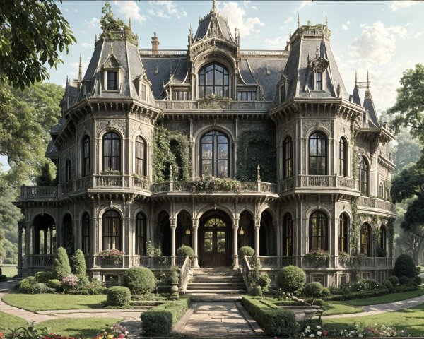 Victorian Mansion with Lush Gardens and Spires