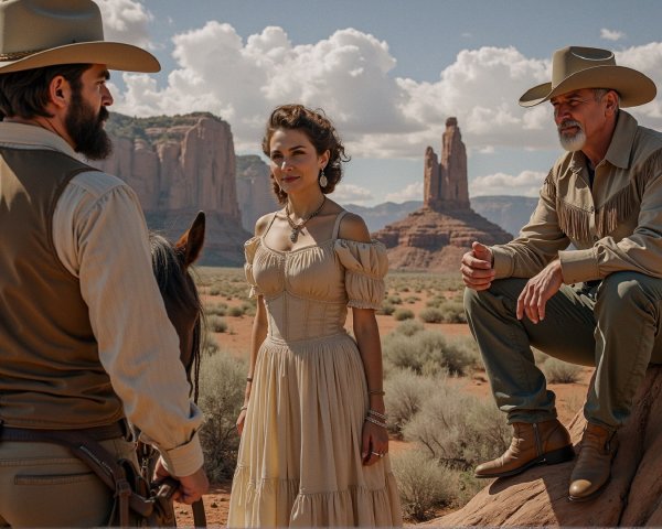 Desert Scene with Cowboys and Elegant Woman in Dress