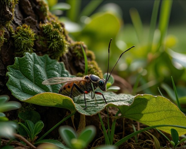 Close-up of a bee on a green leaf with details