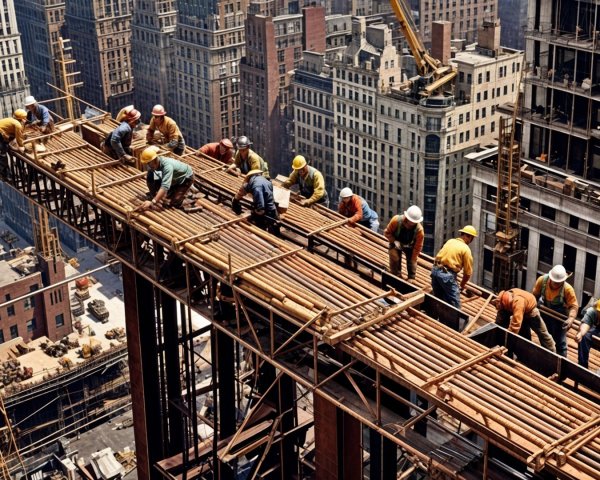 Construction Workers on Urban Site with Steel Framework