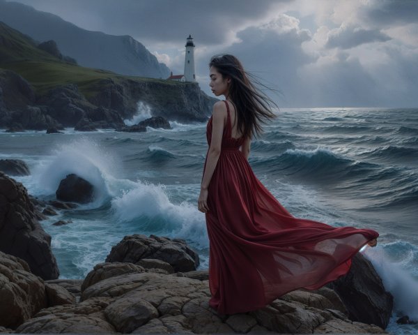 Solitary Figure in Red Dress by Turbulent Sea