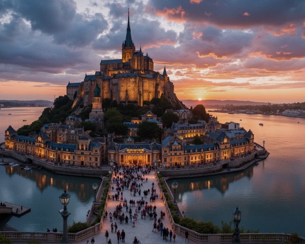 Majestic castle on rocky island at sunset with crowd