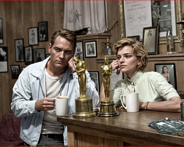 Vintage Bar Scene with Oscar Statuettes and Reflection