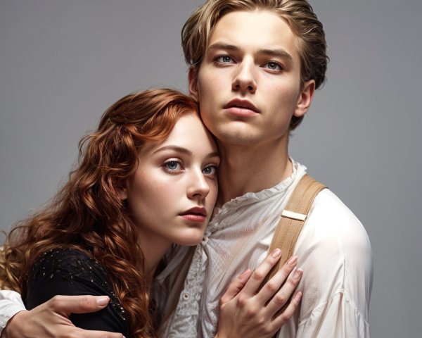 Young couple in vintage attire expressing deep emotion
