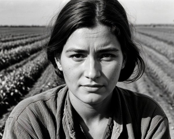Young woman in rural setting with serious expression