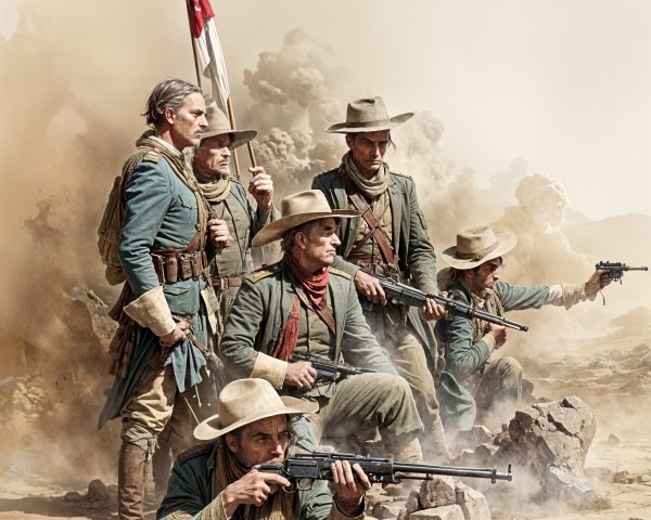 Soldiers in Period Attire in Desert Landscape