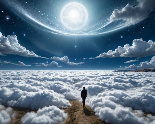 Figure on Pathway Above Clouds Under Full Moon