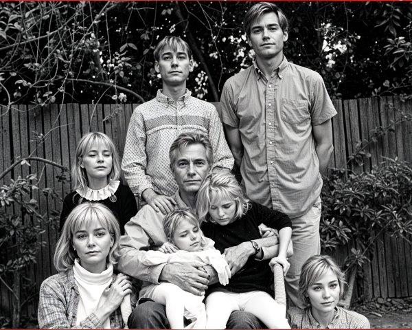 Black-and-White Family Portrait with Adults and Children