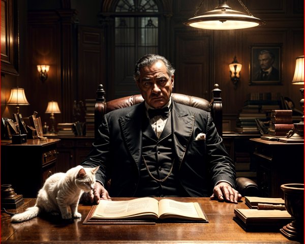 Distinguished Man in Elegant Office with White Cat