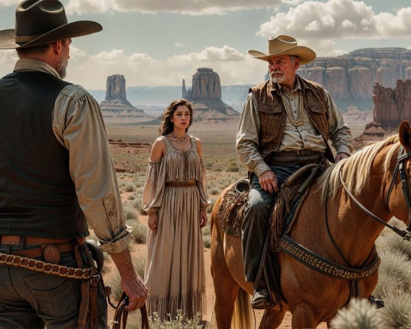 Dramatic Western Scene with Cowboy and Woman in Desert