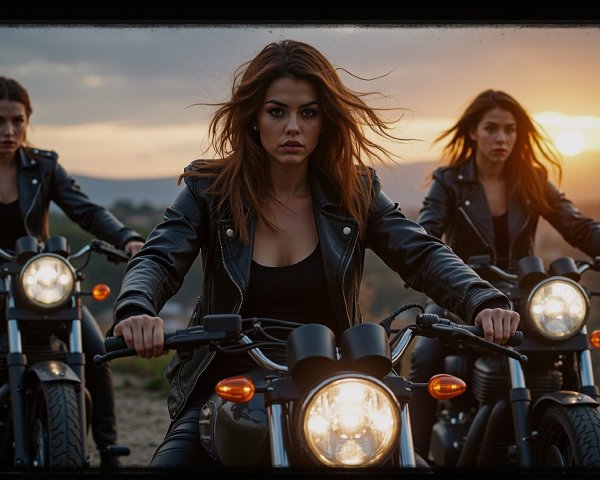 Three Women on Motorcycles at Sunset with Dog