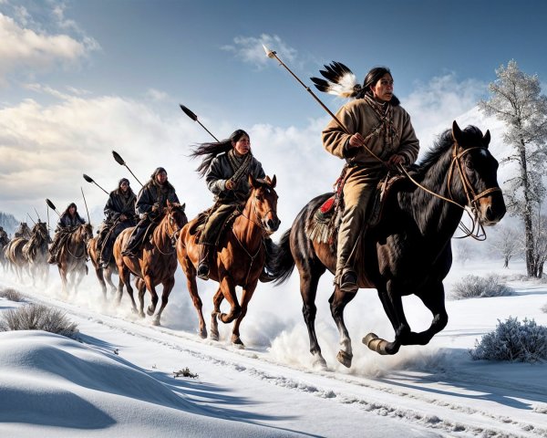 Horsemen in Traditional Attire Riding Through Snowy Landscape