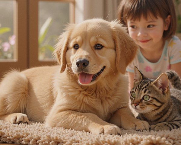 Golden Retriever Puppy and Tabby Cat in Cozy Home