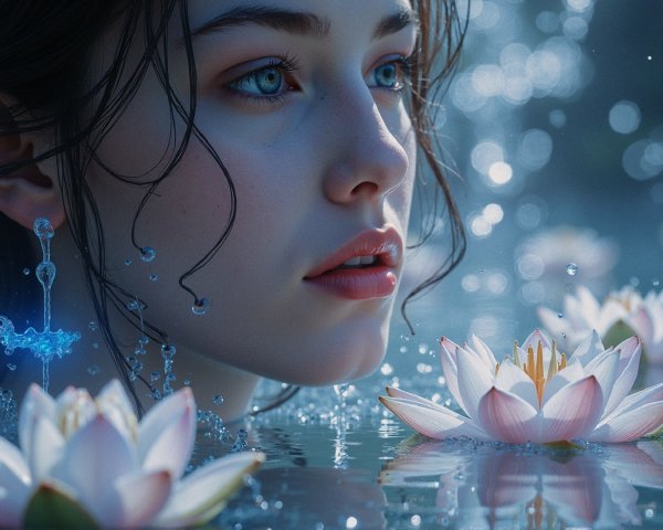 Close-up of a woman in water with lotus flowers