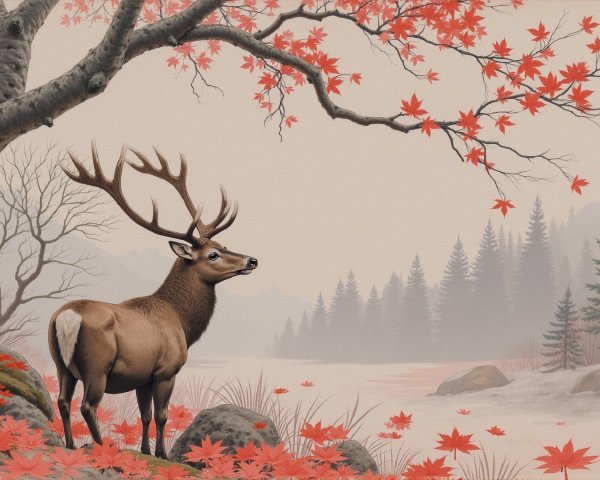 Majestic Stag in Serene Autumn Landscape Scene