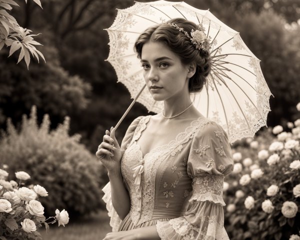 Young Woman in Vintage Gown in Rose Garden
