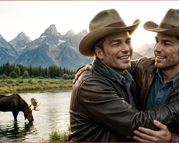 Men in Cowboy Hats Embrace by Serene Wilderness Scene