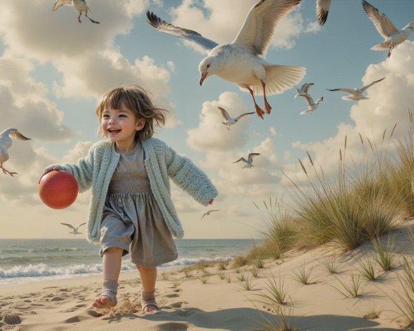 Child Playing on Beach with Red Ball and Seagulls