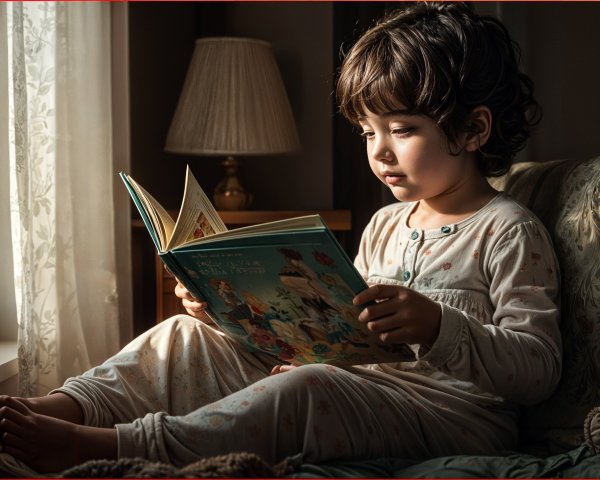 Child Reading a Storybook by a Sunlit Window
