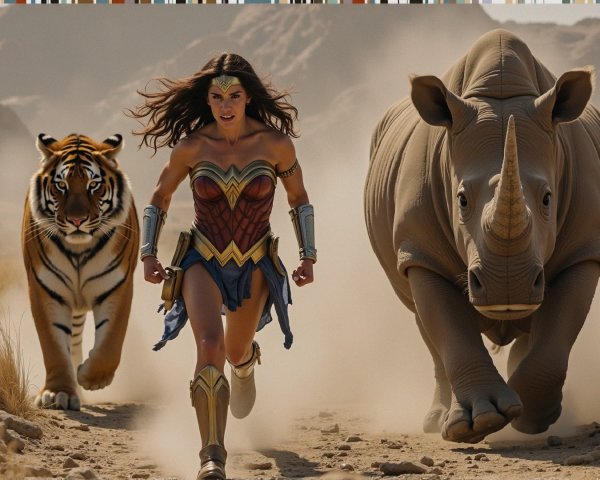 Heroic Figure with Tiger and Rhinoceros in Desert Scene