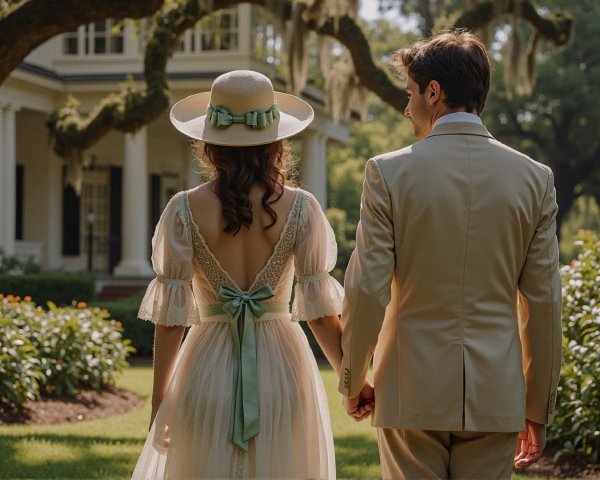 Couple in Vintage Attire Strolling in a Garden