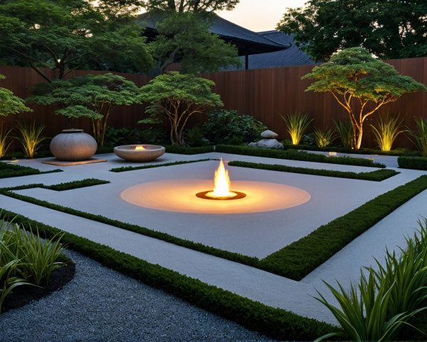 Serene garden design with gravel paths and fire pit