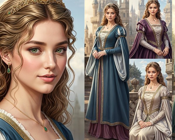 Regal Young Woman in Medieval Gowns with Castle Backdrop